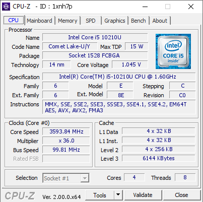 inflatie renderen Tram Intel Core i5 10210U @ 3593.84 MHz - CPU-Z VALIDATOR