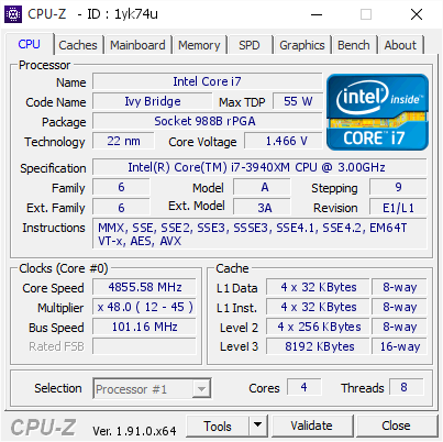 screenshot of CPU-Z validation for Dump [1yk74u] - Submitted by  baddemichl  - 2020-02-28 23:03:39