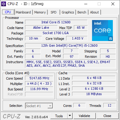 screenshot of CPU-Z validation for Dump [1z5nwg] - Submitted by  ImAliveTM  - 2023-03-02 19:01:43
