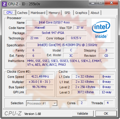 screenshot of CPU-Z validation for Dump [255s0v] - Submitted by  PC201312091721  - 2014-01-25 12:01:48