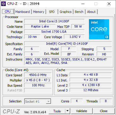 screenshot of CPU-Z validation for Dump [26t44i] - Submitted by  DESKTOP-1M737LG  - 2024-04-15 22:48:47