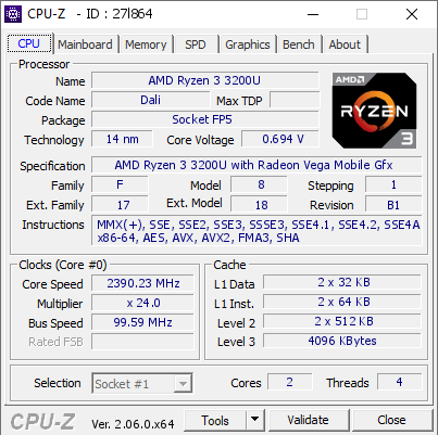 AMD Ryzen 3 3200U 2390.23 MHz CPU Z VALIDATOR