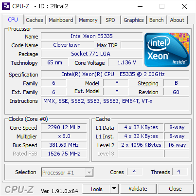 screenshot of CPU-Z validation for Dump [28nal2] - Submitted by  Anonymous  - 2020-02-01 22:34:57