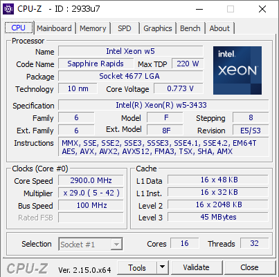 screenshot of CPU-Z validation for Dump [2933u7] - Submitted by  Anonymous  - 2025-04-25 15:56:52