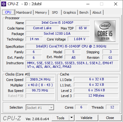Intel Core i5 10400F @ 3989.24 MHz - CPU-Z VALIDATOR