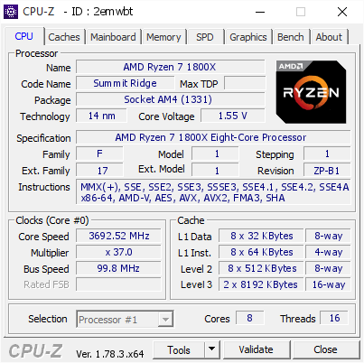 screenshot of CPU-Z validation for Dump [2emwbt] - Submitted by  RYZEN1800X  - 2017-03-08 02:37:17