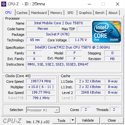 Intel Mobile Core 2 Duo T5870 1997 74 Mhz Cpu Z Validator