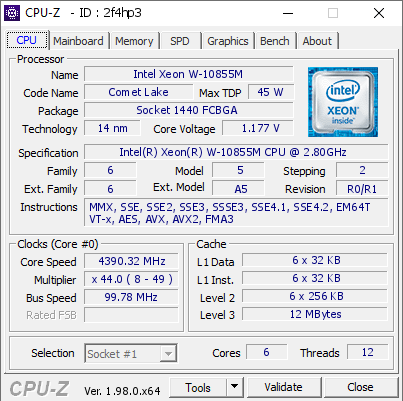 screenshot of CPU-Z validation for Dump [2f4hp3] - Submitted by  Anonymous  - 2021-12-05 08:32:35