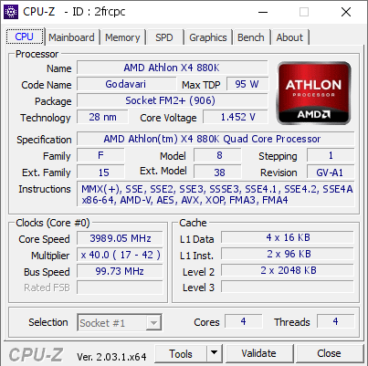 AMD Athlon X4 880K 3989.05 MHz CPU Z VALIDATOR