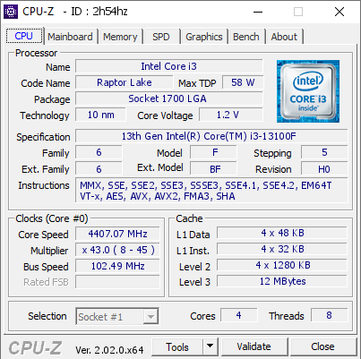 screenshot of CPU-Z validation for Dump [2h54hz] - Submitted by  Anonymous  - 2023-01-24 11:19:51