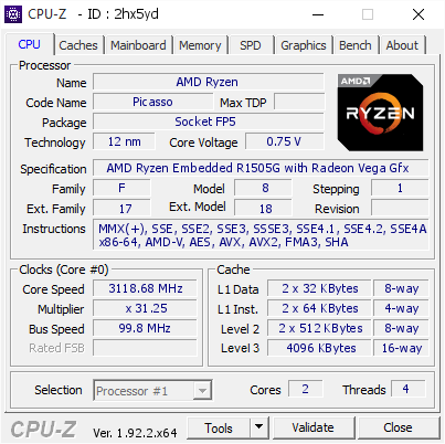 screenshot of CPU-Z validation for Dump [2hx5yd] - Submitted by  HP T640 Thin CLient  - 2020-07-29 04:49:09