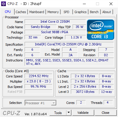 Intel Core i3 2350M @ 2294.52 MHz - CPU-Z VALIDATOR