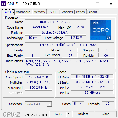 Intel Core i7 12700K @ 4915.53 MHz - CPU-Z VALIDATOR