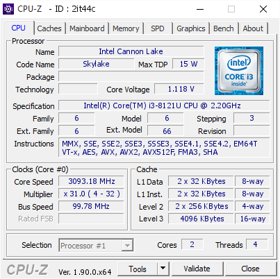 screenshot of CPU-Z validation for Dump [2it44c] - Submitted by  LAPTOP-T972RPGV  - 2019-10-14 06:21:06