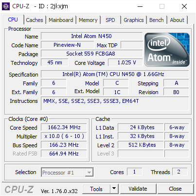 screenshot of CPU-Z validation for Dump [2jkvjm] - Submitted by  Samsung Netbook  - 2016-07-25 01:59:53