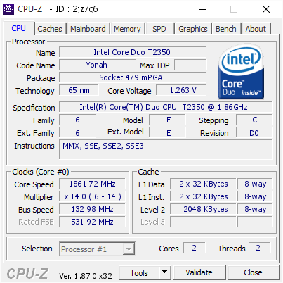 Intel Core Duo T2350 1861 72 Mhz Cpu Z Validator