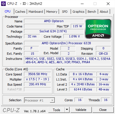 screenshot of CPU-Z validation for Dump [2m3yn2] - Submitted by  2XOPTERONBOX-6328  - 2017-06-29 17:39:04