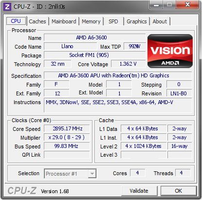 AMD A6 3600 2895.17 MHz CPU Z VALIDATOR