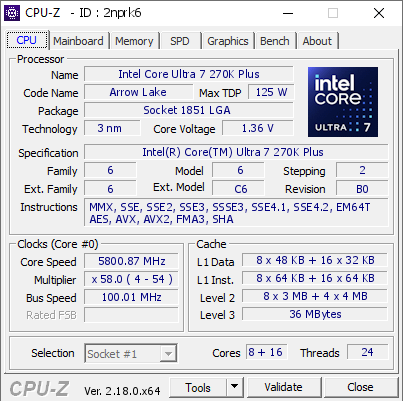 screenshot of CPU-Z validation for Dump [2nprk6] - Submitted by  z890 OCF 270K  - 2026-04-19 01:27:35
