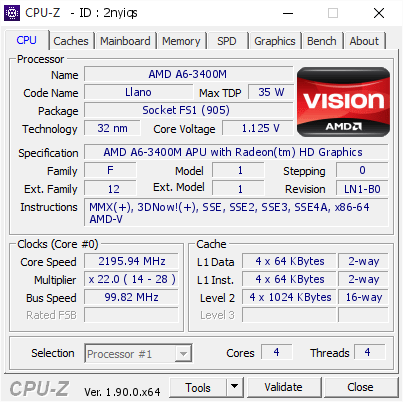 AMD A6-3400M @ 2195.94 MHz - CPU-Z VALIDATOR