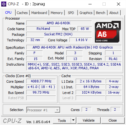 screenshot of CPU-Z validation for Dump [2panag] - Submitted by  Anonymous  - 2018-06-08 21:16:39