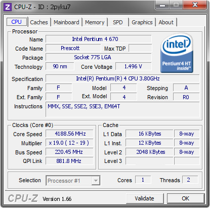 Intel Pentium 4 670 @ 4188.56 MHz - CPU-Z VALIDATOR
