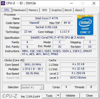 Intel Core i7 4770 @ 3691.19 MHz - CPU-Z VALIDATOR