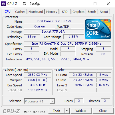 Intel Core 2 Duo E6750 2660 03 Mhz Cpu Z Validator