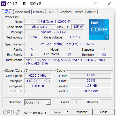 screenshot of CPU-Z validation for Dump [302cn5] - Submitted by    - 2024-01-24 14:28:20