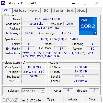 screenshot of CPU-Z validation for Dump [315abf] - Submitted by  MURILO  - 2025-12-15 22:44:49
