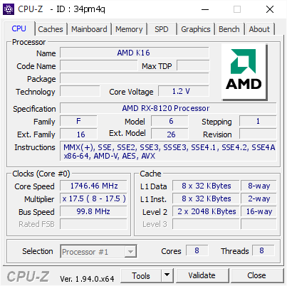 screenshot of CPU-Z validation for Dump [34pm4q] - Submitted by  StingerYar  - 2020-11-30 13:19:01