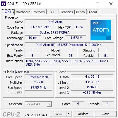 screenshot of CPU-Z validation for Dump [3531xs] - Submitted by  2020M  - 2023-01-20 22:09:36