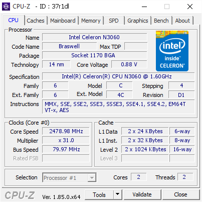 Transistor hel steek Intel Celeron N3060 @ 2478.98 MHz - CPU-Z VALIDATOR