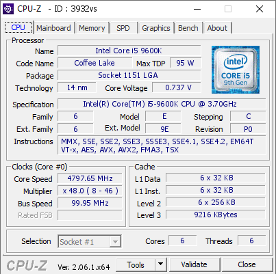 Intel Core i5 9600K @ 4797.65 MHz - CPU-Z VALIDATOR