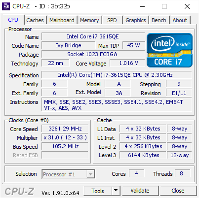 screenshot of CPU-Z validation for Dump [3bt32b] - Submitted by  x230_3615QE_105bclk  - 2020-01-06 02:34:03