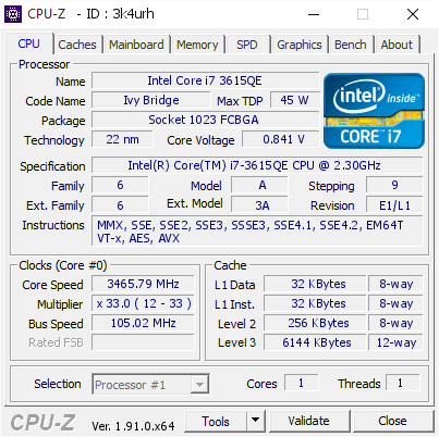 screenshot of CPU-Z validation for Dump [3k4urh] - Submitted by  x230_3615QE_105bclk  - 2019-12-31 12:10:36