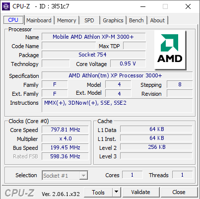 Mobile AMD Athlon XP M 3000 797.81 MHz CPU Z VALIDATOR