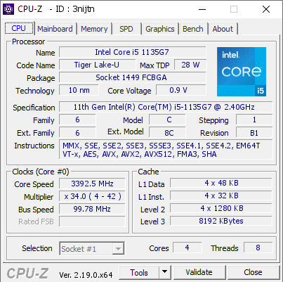 Intel Core i5 1135G7 @ 3392.5 MHz - CPU-Z VALIDATOR