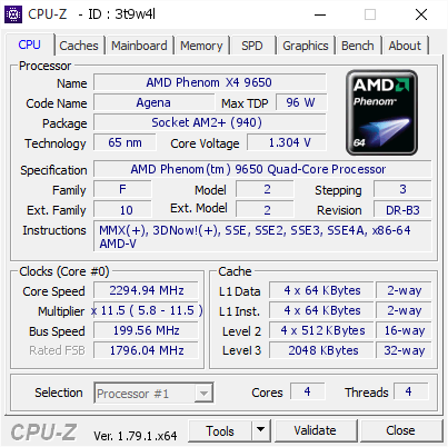 AMD Phenom X4 9650 2294.94 MHz CPU Z VALIDATOR