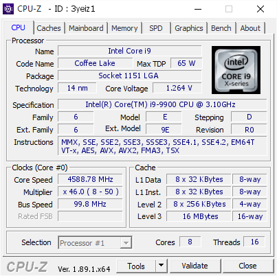 Intel Core i9 @ 4588.78 MHz - CPU-Z VALIDATOR