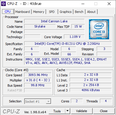 screenshot of CPU-Z validation for Dump [40dvue] - Submitted by  Anonymous  - 2021-10-31 08:19:15