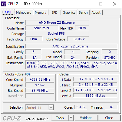 screenshot of CPU-Z validation for Dump [40frkn] - Submitted by  MSI  - 2025-08-24 10:22:14