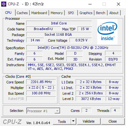 screenshot of CPU-Z validation for Dump [42kn1r] - Submitted by  HP-NOTEBOOK  - 2018-05-04 15:45:03