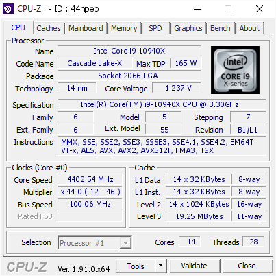Intel Core i9 10940X @ 4402.54 MHz - CPU-Z VALIDATOR