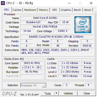 Intel Core I5 6200u 2693 41 Mhz Cpu Z Validator