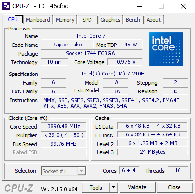 screenshot of CPU-Z validation for Dump [46dfpd] - Submitted by  WIN-RTF4NPVMNAR  - 2025-05-31 16:09:33