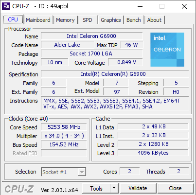 Intel Celeron G6900 @ 5253.58 MHz - CPU-Z VALIDATOR