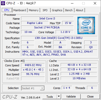 screenshot of CPU-Z validation for Dump [4ecpk7] - Submitted by  DESKTOP-F9UBDN2  - 2024-02-03 01:15:44