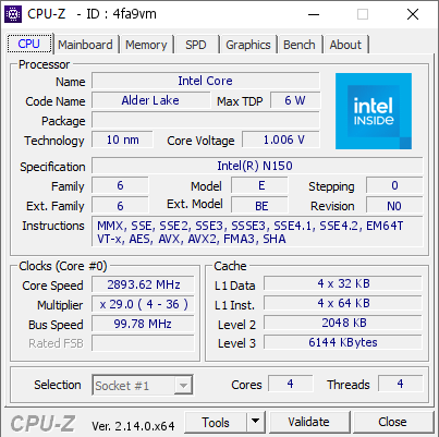 screenshot of CPU-Z validation for Dump [4fa9vm] - Submitted by  WIN-UA9KGRPABOG  - 2025-03-01 03:08:18