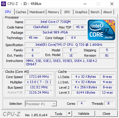 Intel Core I7 720qm 1722 69 Mhz Cpu Z Validator